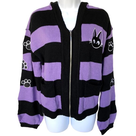Kikis Delivery Service JiJi Black Cat Purple and Black Stripe Zip Cardigan sz S - Picture 3 of 8